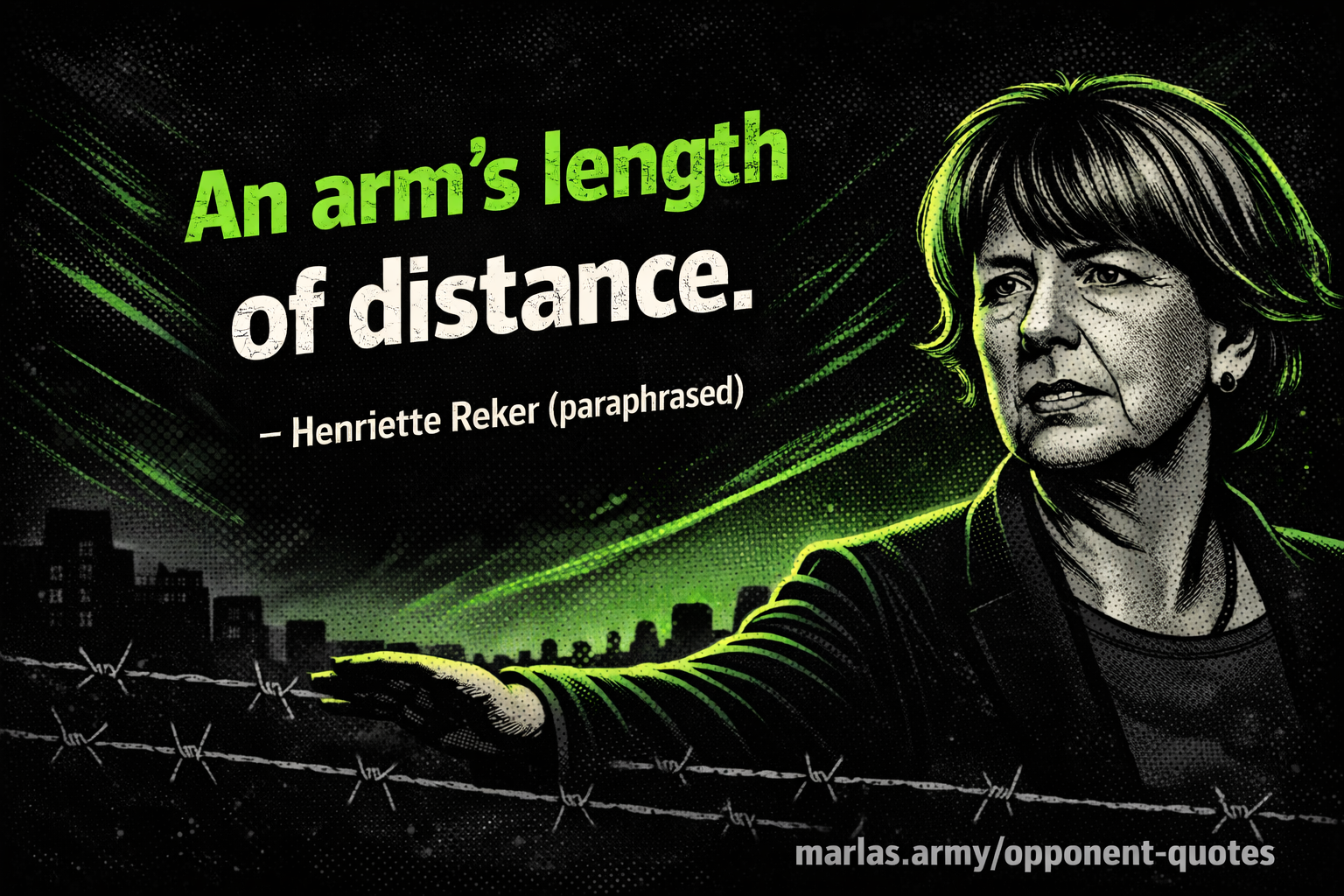 Kritisches Gegner-Zitat „Eine Armlänge Abstand“ von Henriette Reker im dunklen Comic-Stil mit politischem Kontext