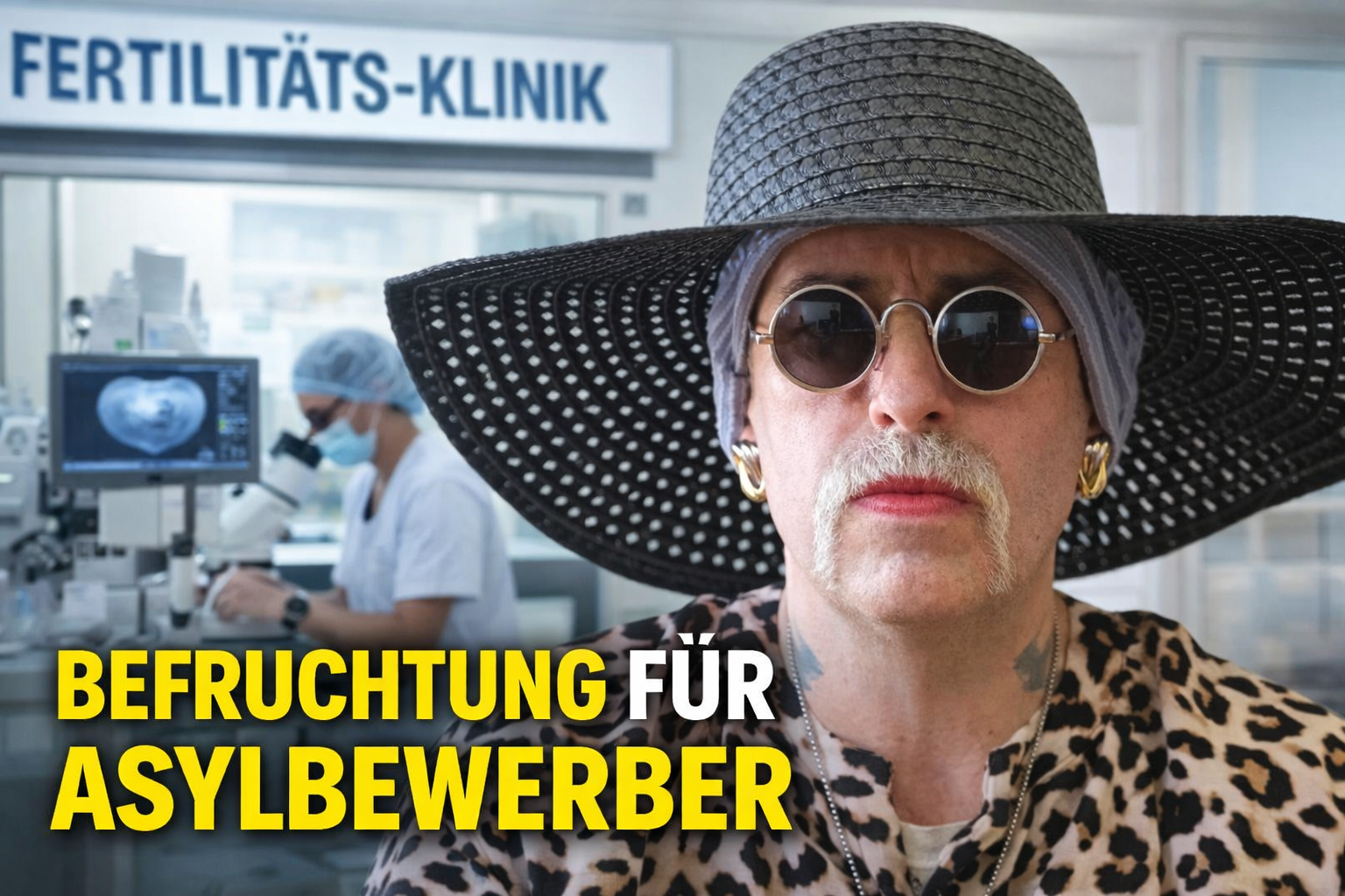 Sprecher mit Hut und Brille vor Fertilitätsklinik zum Thema staatlich finanzierte künstliche Befruchtung für Asylbewerber