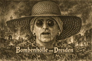 Sepiafarbenes Bild im Stil einer alten Kriegsaufnahme: Dresden in der Nacht des 13. Februar 1945 im Feuersturm, brennende Altstadt im Hintergrund, Titel „Bombenhölle von Dresden“.