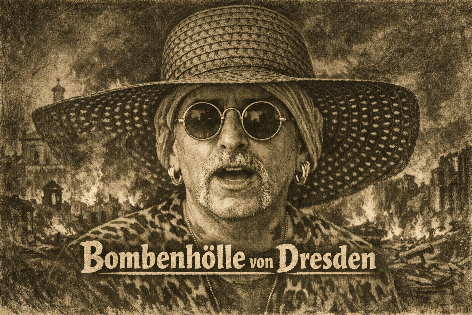 Sepiafarbenes Bild im Stil einer alten Kriegsaufnahme: Dresden in der Nacht des 13. Februar 1945 im Feuersturm, brennende Altstadt im Hintergrund, Titel „Bombenhölle von Dresden“.