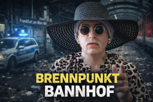 Sprecher mit Hut und Brille vor verwahrlostem Frankfurter Hauptbahnhof mit Schlagzeile „Brennpunkt Bahnhof“