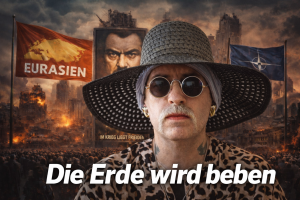 Person mit schwarzem Hut und runder Brille vor dystopischer Kriegslandschaft mit Eurasien- und NATO-Symbolik, Schlagzeile „Die Erde wird beben“