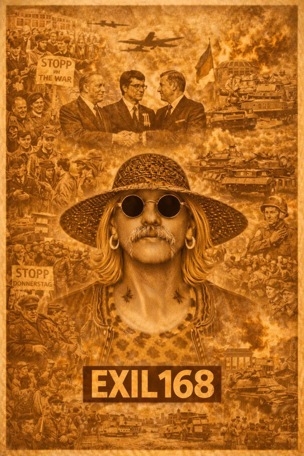 Exil 168 Collage zum Jahr 1968 mit zentraler Figur im Vordergrund, umgeben von Studentenprotesten, Vietnamkrieg, Prager Frühling und politischer Entwicklung in Deutschland