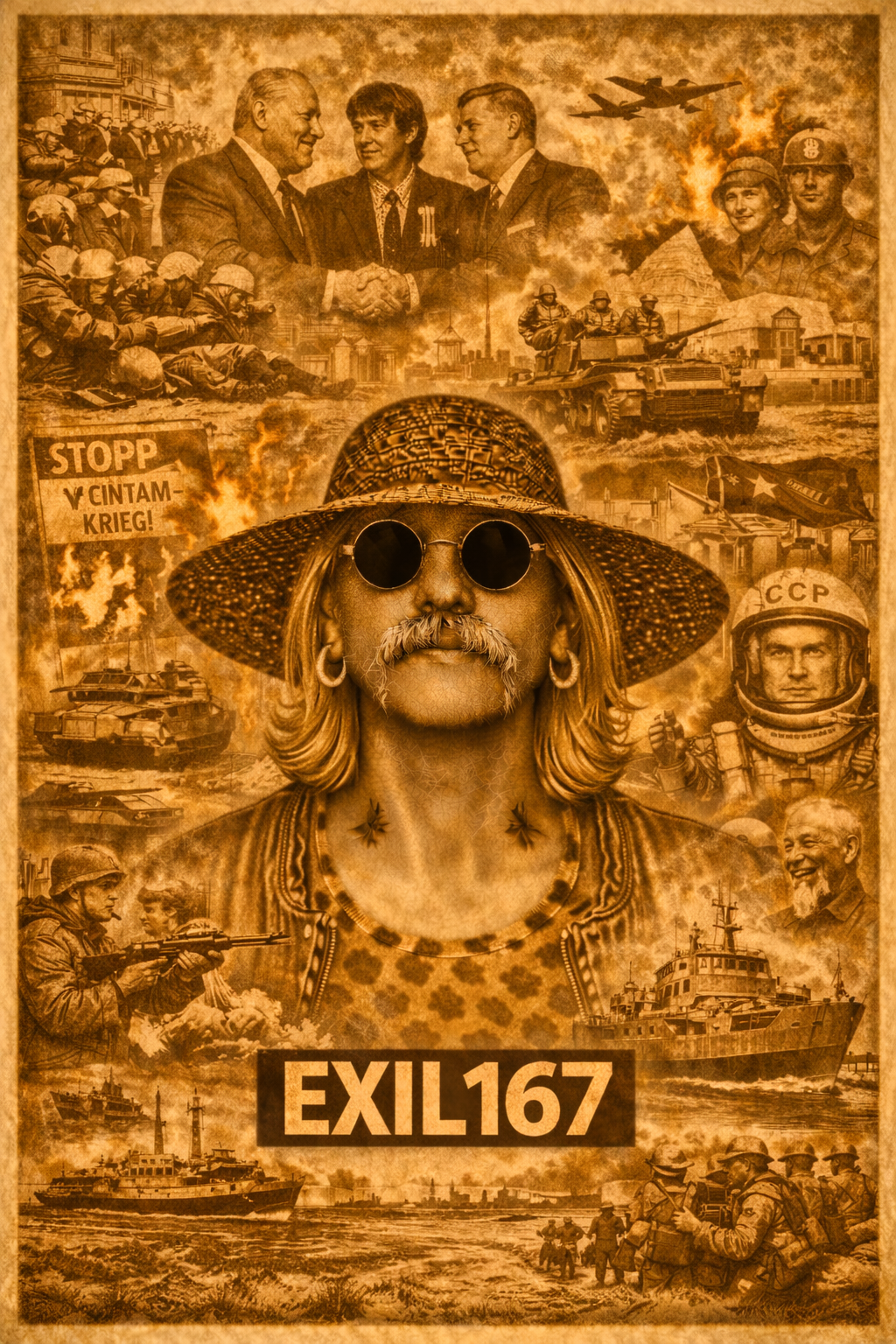 Sepiafarbene Collage zu Exil 167 mit zentraler Figur und Szenen aus dem Jahr 1967 in Ost und Westdeutschland sowie weltpolitischen Ereignissen wie Studentenprotesten, Vietnamkrieg und Raumfahrt.