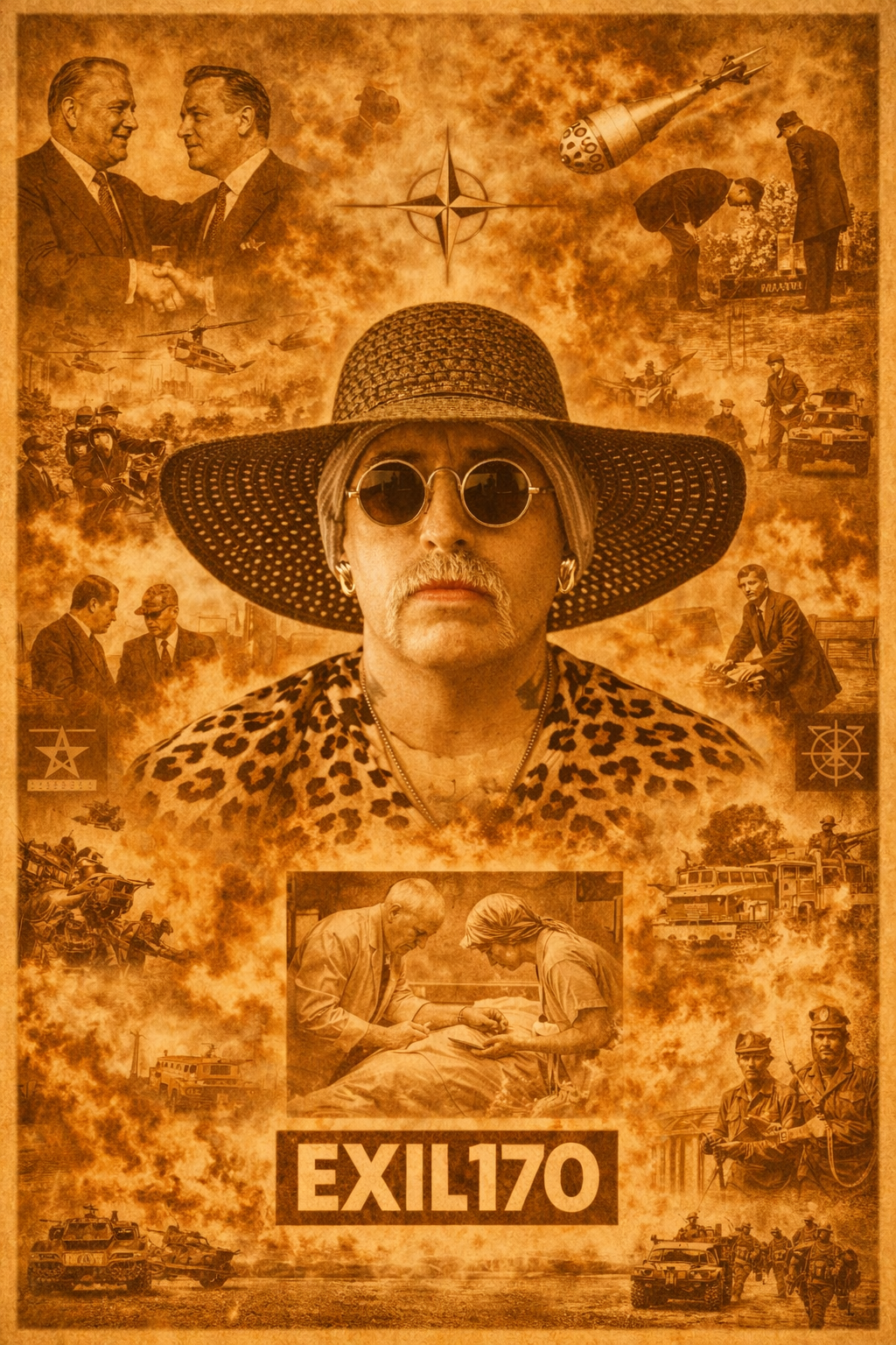 Sepia Collage Exil170 mit zentraler Porträtfigur, Szenen aus dem Jahr 1970 wie Moskauer Vertrag, Vietnamkrieg, Apollo 13 und integrierter Geburtsszene