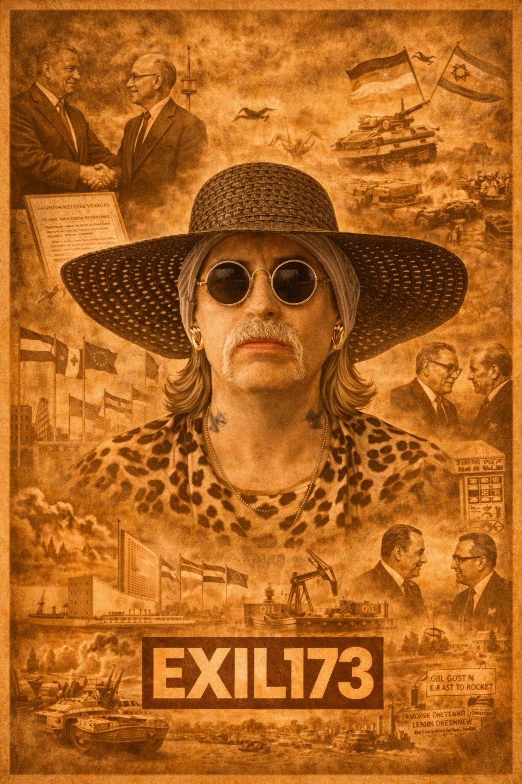 EXIL 173 Poster mit zentralem Porträt und Collage historischer Ereignisse aus dem Jahr 1973 wie Grundlagenvertrag, UNO Beitritt beider deutscher Staaten, Jom Kippur Krieg und Ölkrise im Sepia Stil