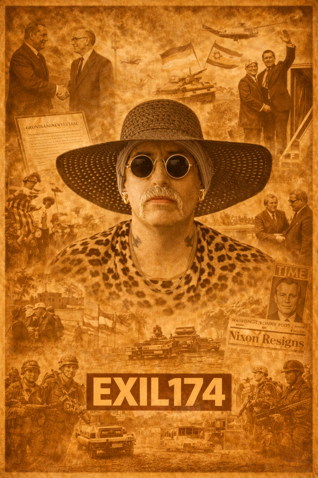 Porträt im Zentrum mit Schriftzug Exil174, umgeben von Ereignissen des Jahres 1974 wie Rücktritt Willy Brandts, Nixon Resignation, Nelkenrevolution in Portugal und Folgen der Ölkrise