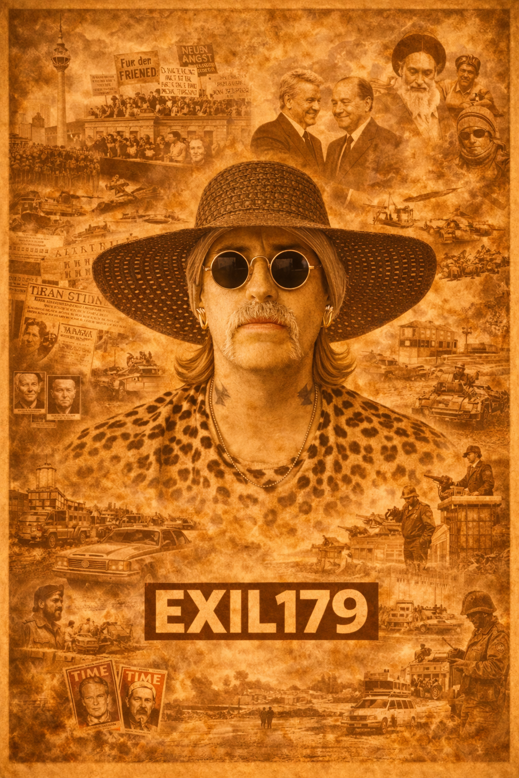 Exil 179 Collage mit zentralem Porträt und Szenen aus 1979 in Deutschland Ost und West sowie Iranische Revolution und Afghanistan