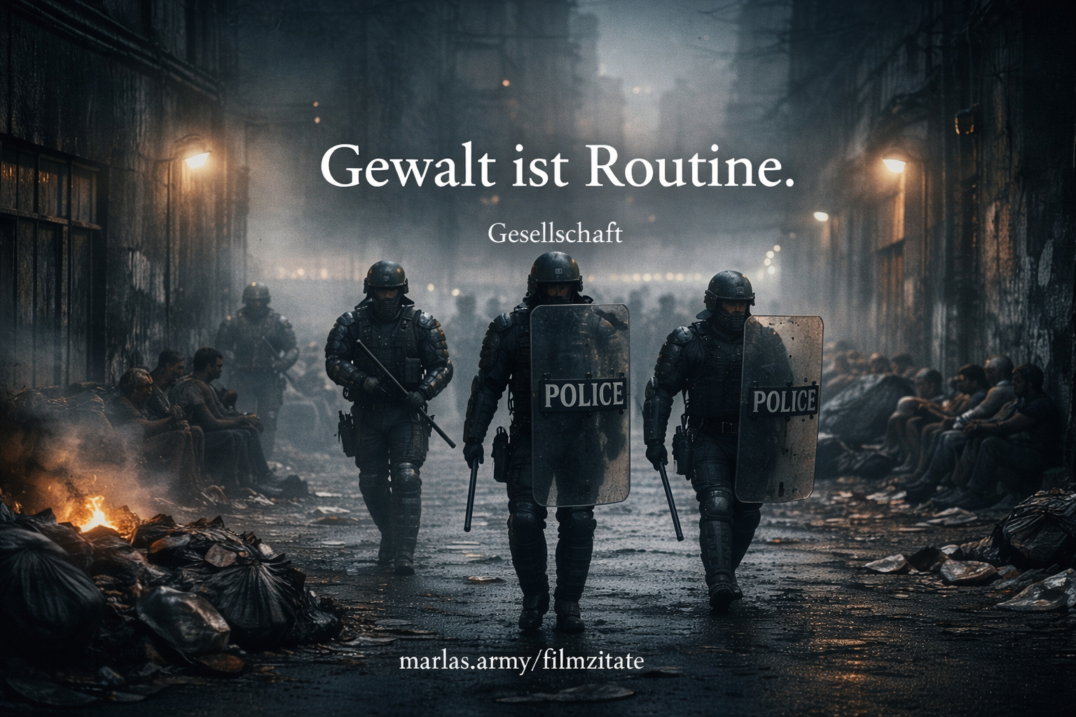 Filmzitat „Gewalt ist Routine.“ aus Children of Men zur Normalisierung von Gewalt