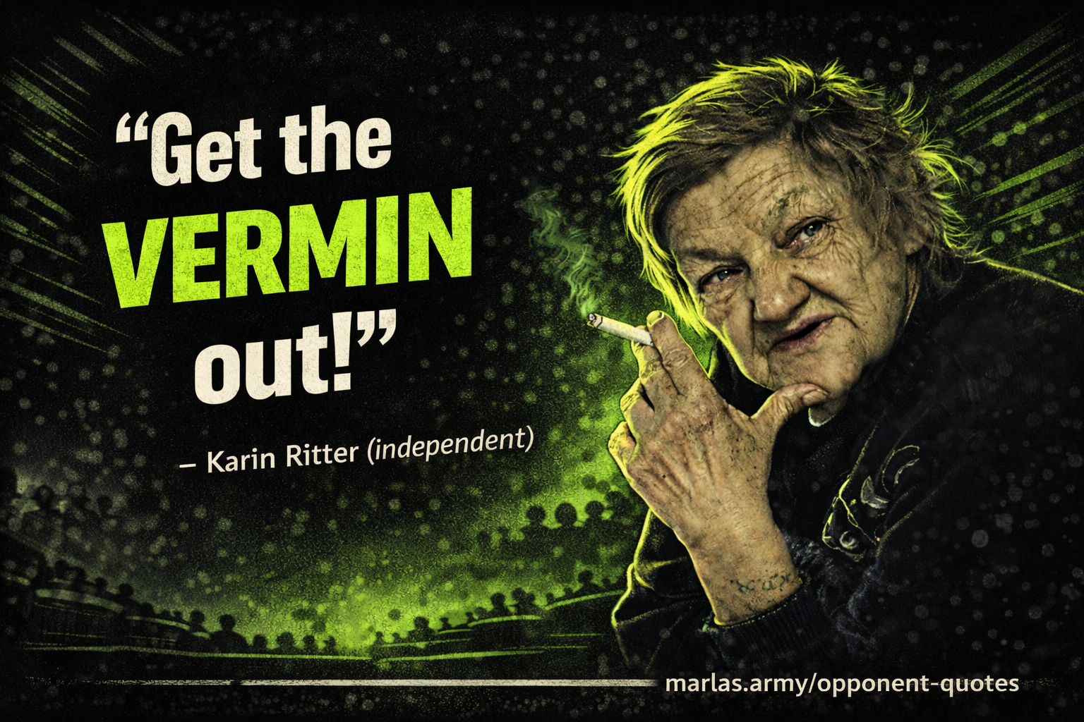 Zitat „Raus mit die Viecher!“ von Karin Ritter als Beispiel entmenschlichender Hassrede