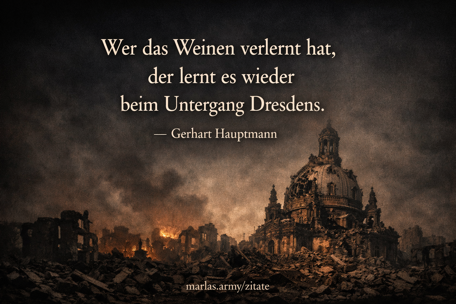 Zitat von Gerhart Hauptmann „Wer das Weinen verlernt hat, der lernt es wieder beim Untergang Dresdens“ vor der zerstörten Frauenkirche in Dresden 1945
