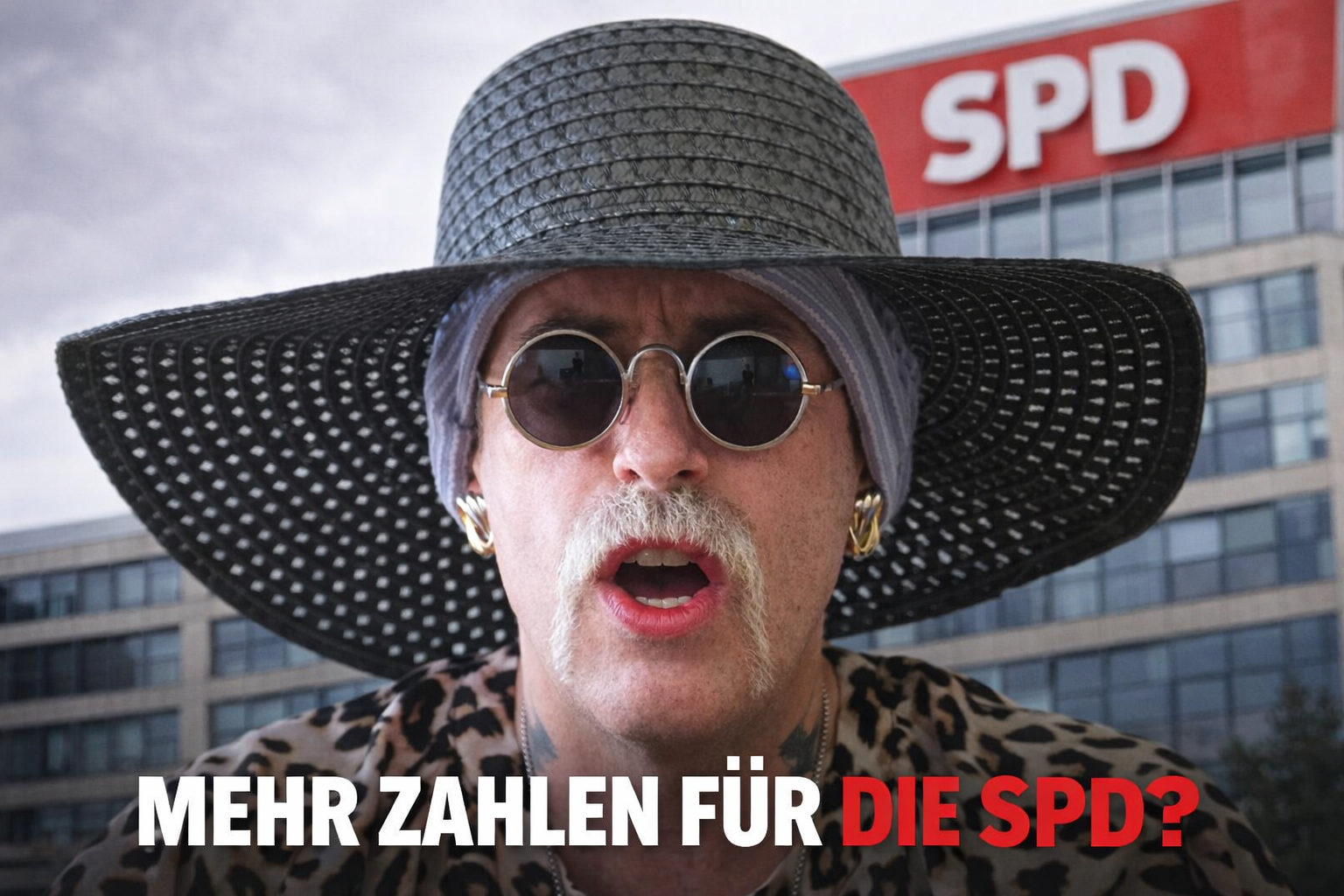 Marla vor der SPD-Zentrale mit Hut und Brille, spricht zur geplanten Gesundheitsabgabe 2026 und kritisiert die Abschaffung der Beitragsbemessungsgrenze