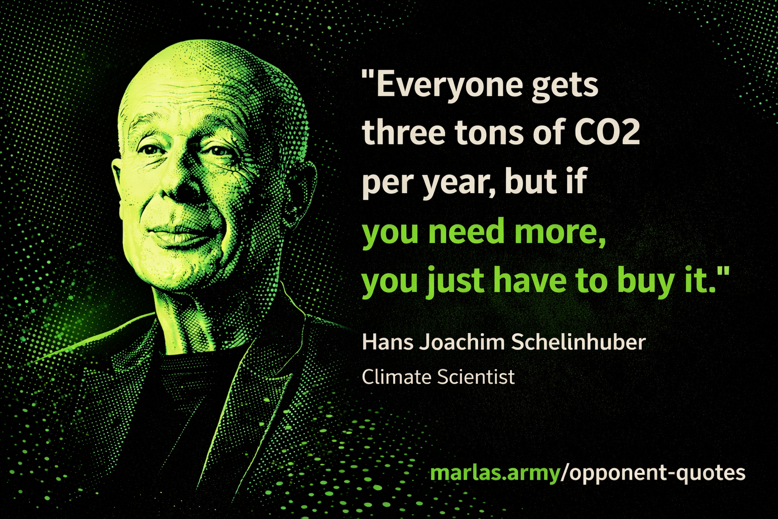 Comicartiges Zitatbild mit dunklem Hintergrund und neon-grünen Akzenten zum CO2-Zitat von Hans Joachim Schellnhuber