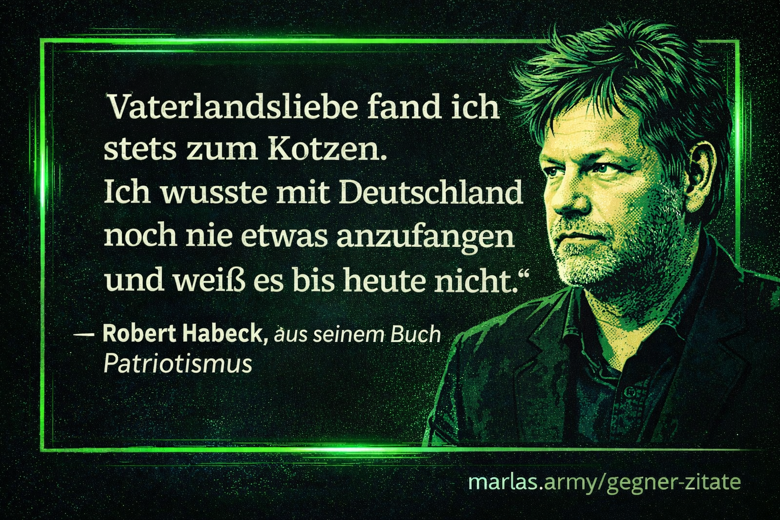 Comic-Zitatbild mit dem Text „Vaterlandsliebe fand ich stets zum Kotzen. Ich wusste mit Deutschland noch nie etwas anzufangen und weiß es bis heute nicht.“ auf dunklem Hintergrund.