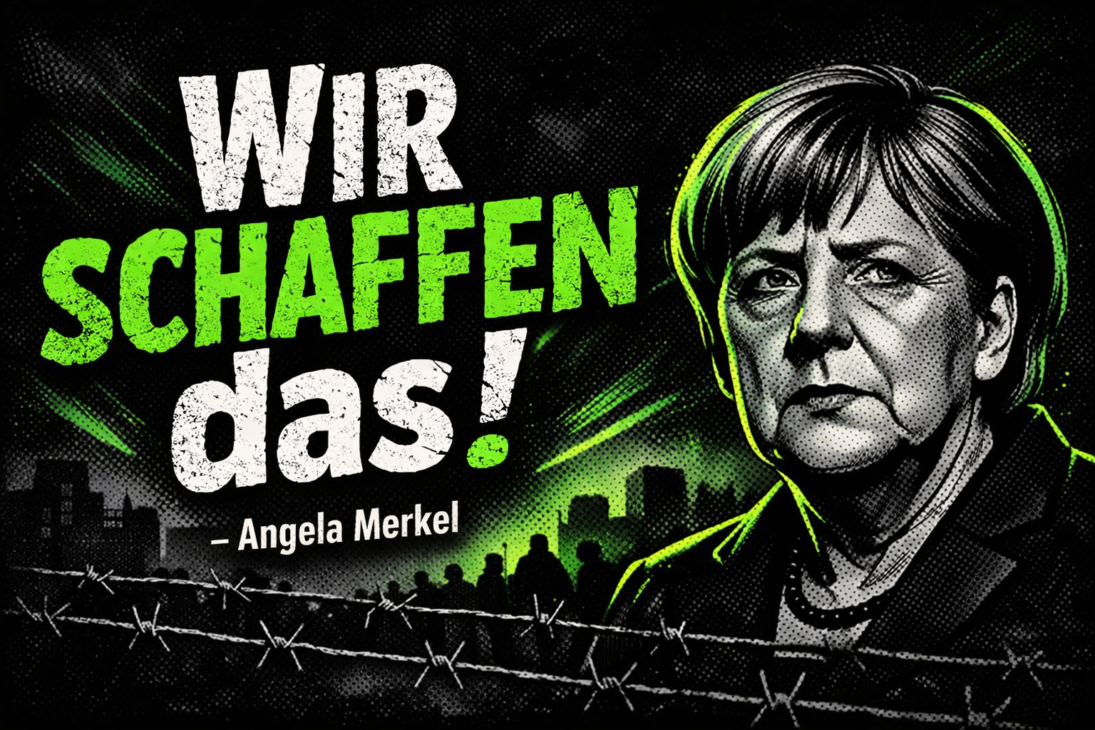 Kritisches Comic-Zitat „Wir schaffen das!“ von Angela Merkel mit dunklem Hintergrund und neon-grünen Akzenten