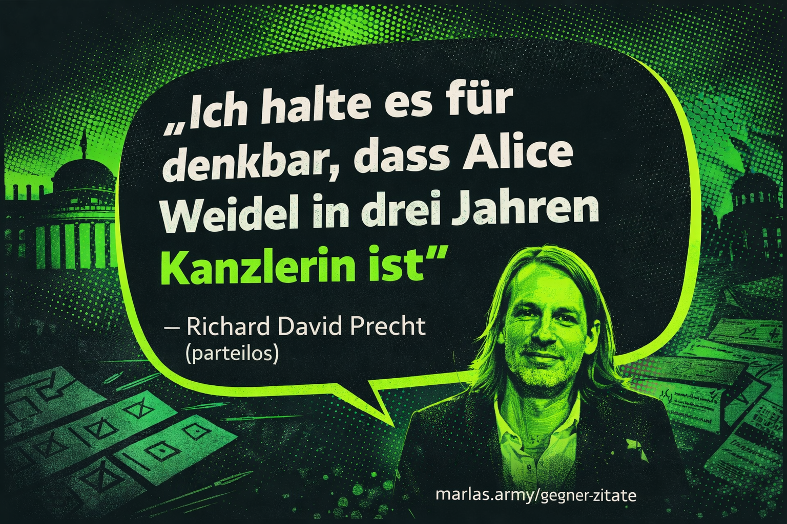 Zitat von Richard David Precht zur Möglichkeit einer Kanzlerschaft von Alice Weidel in comicartigem Stil