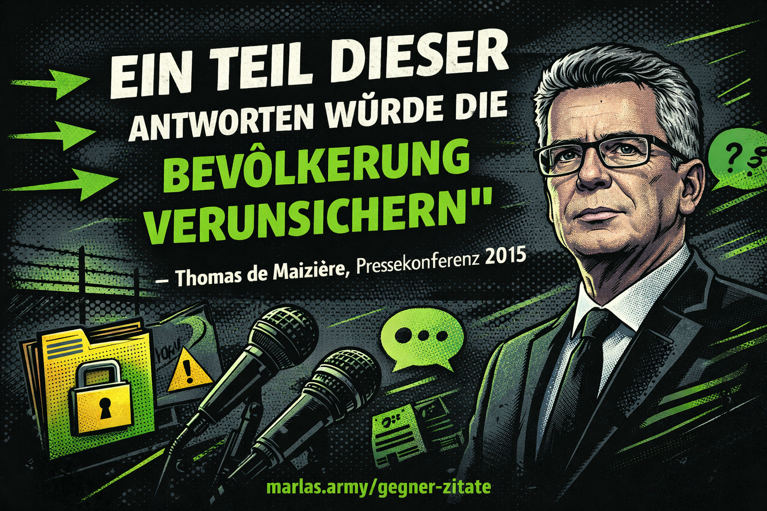 Comicstil-Zitatbild mit dunklem Hintergrund zum de-Maizière-Zitat über verunsichernde Antworten für die Bevölkerung