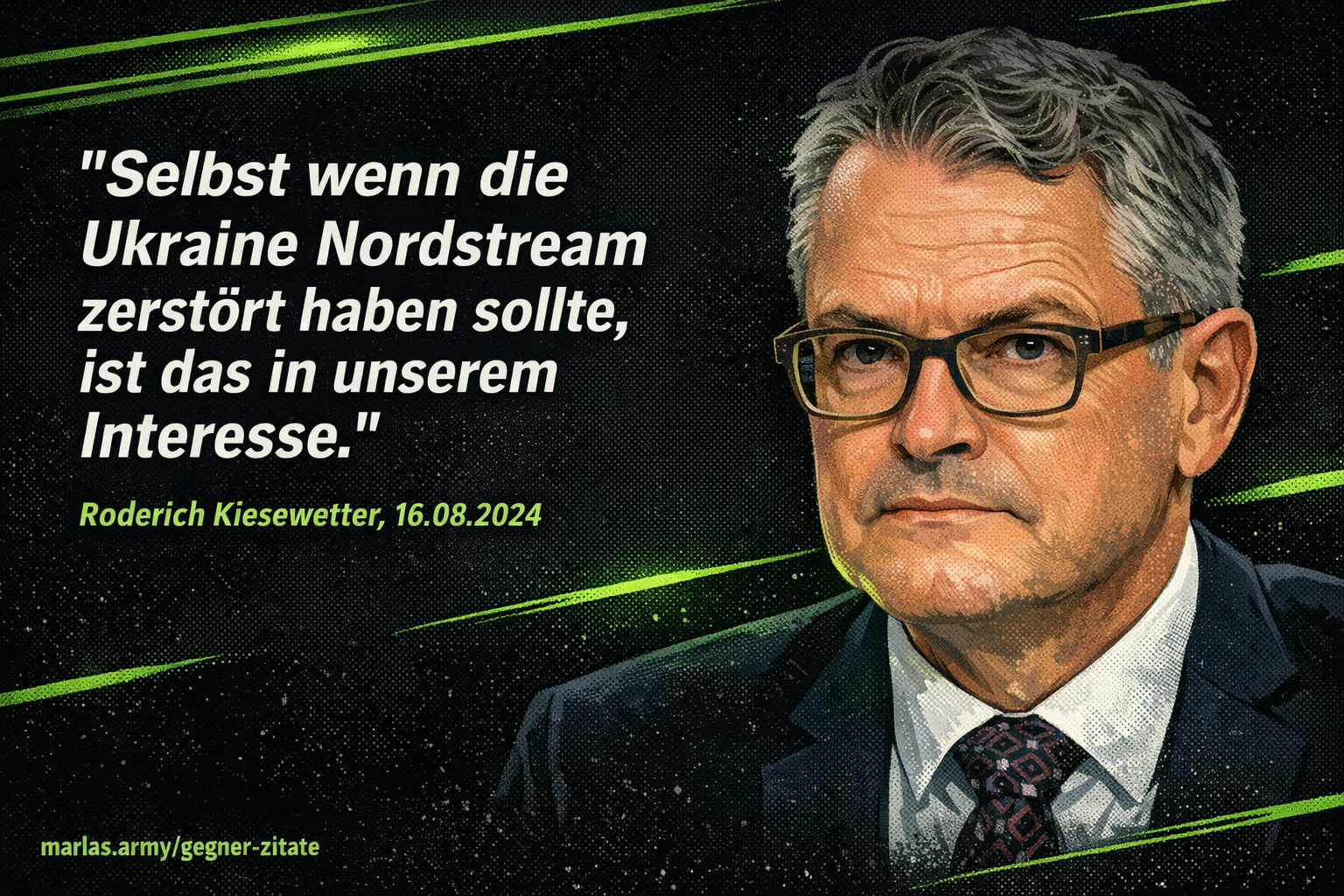 Zitat von Roderich Kiesewetter zur möglichen Nordstream-Zerstörung und deutschem Interesse vor dunklem Comic-Hintergrund mit neon-grünen Akzenten.