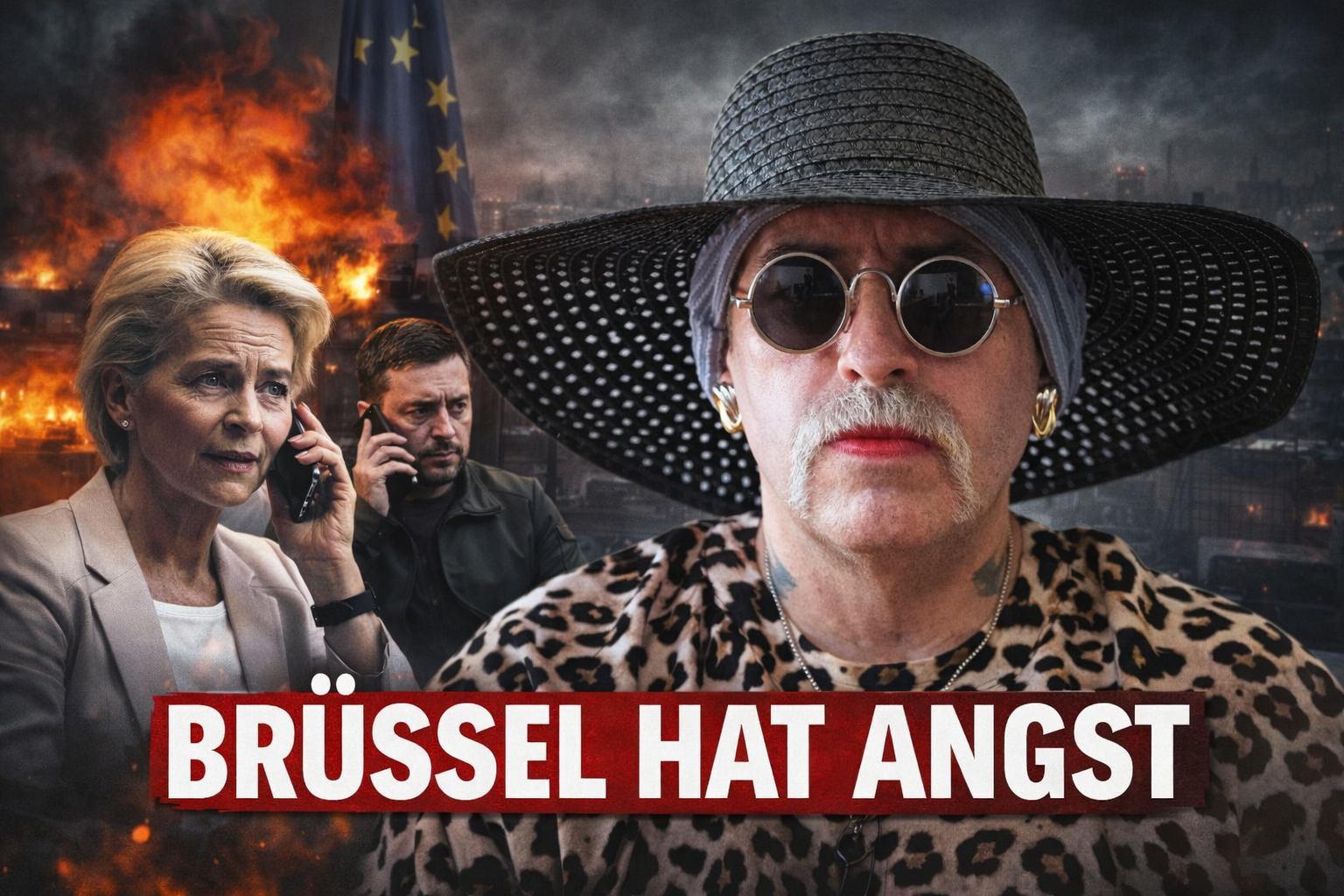 Dystopisches Titelbild mit Marla im Vordergrund, im Hintergrund telefonieren Ursula von der Leyen und Wolodymyr Selenski vor brennender Skyline, Schlagzeile „Brüssel hat Angst“.