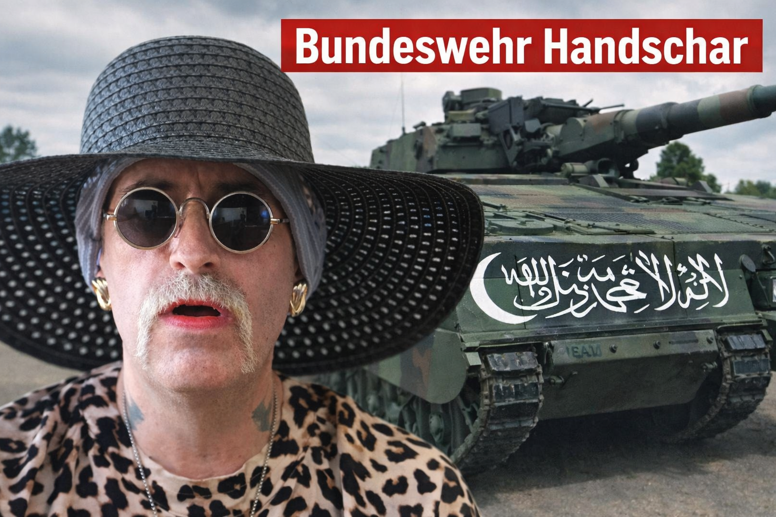 Person mit Hut und Brille vor Bundeswehrpanzer mit islamischer Beschriftung und Schlagzeile „Bundeswehr Handschar“