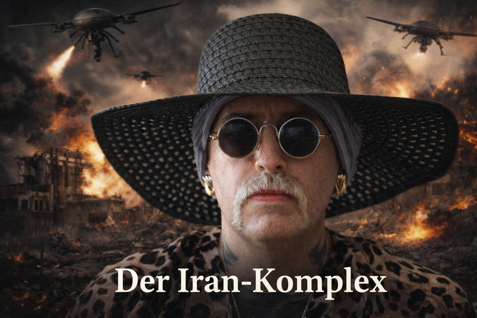 Person mit Hut und Sonnenbrille vor brennender Infrastruktur und Drohnenangriffen, Schlagzeile „Der Iran-Komplex“