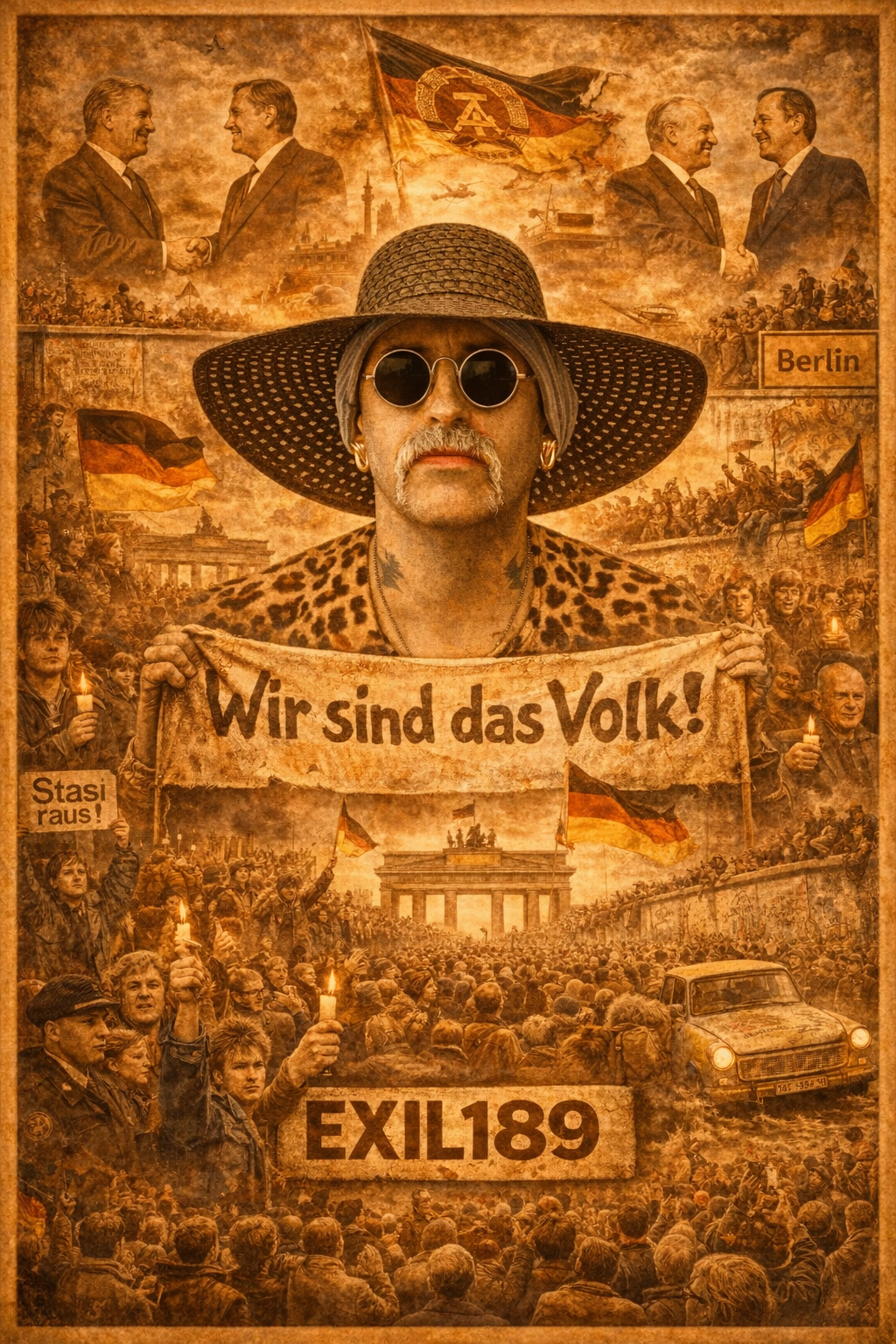 Exil 189 Collage zur Wende 1989 mit Demonstranten, Transparent Wir sind das Volk, Berliner Mauer und Menschenmengen in Ost und West Berlin