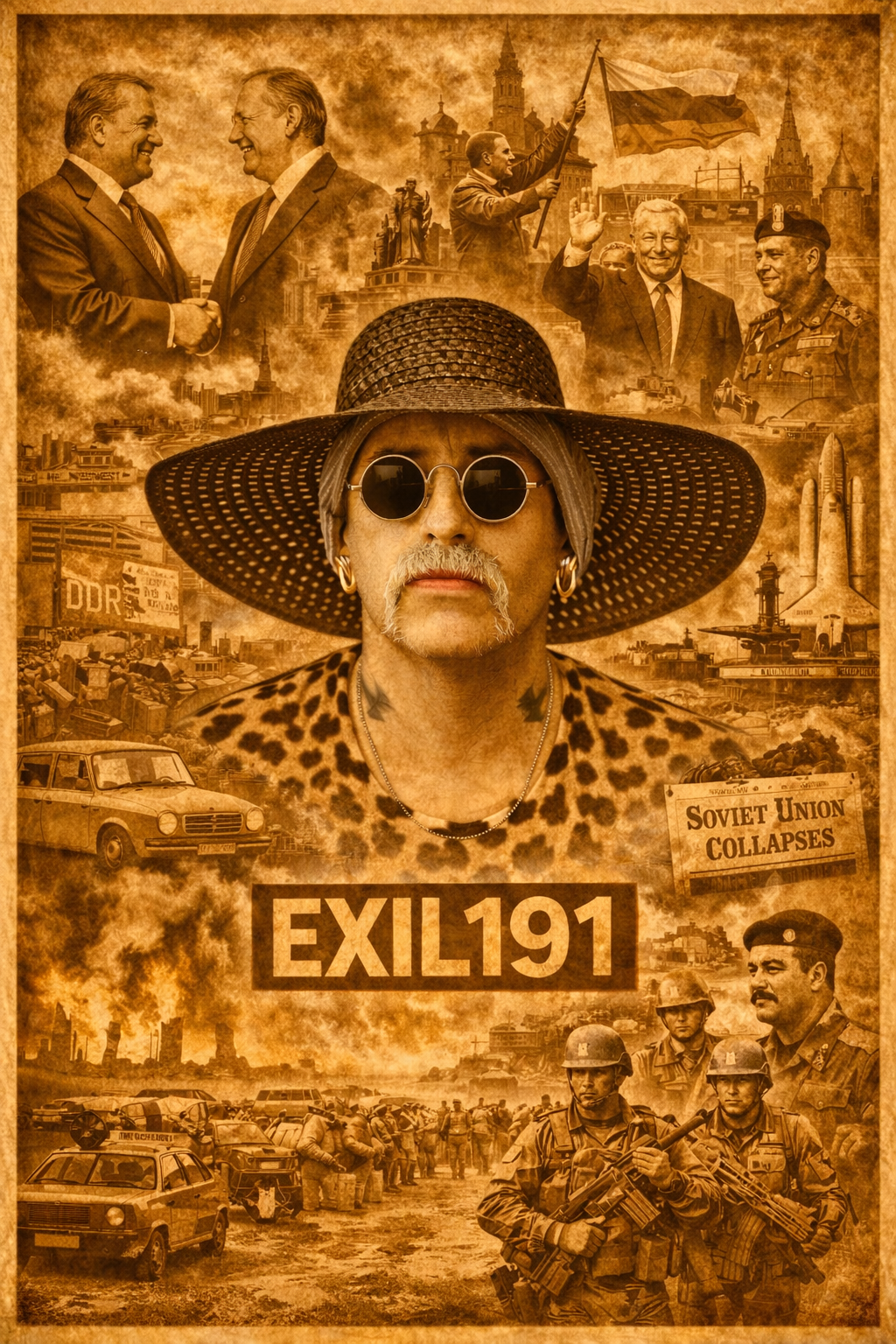 Exil 191 Collage zum Jahr 1991 mit zentraler Figur, deutscher Einheit, Zerfall der Sowjetunion, Golfkrieg und politischen Umbrüchen der frühen 1990er Jahre