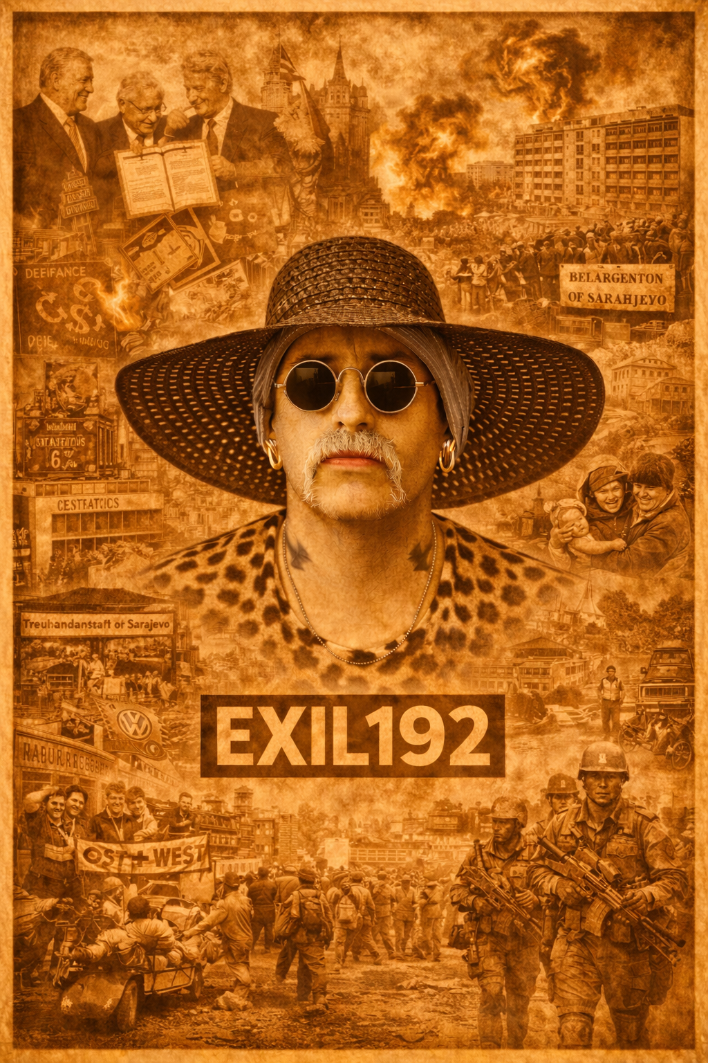 Exil 192 Collage zum Jahr 1992 mit zentraler Figur sowie Ereignissen wie Maastricht Vertrag, Rostock Lichtenhagen Ausschreitungen und Krieg im ehemaligen Jugoslawien