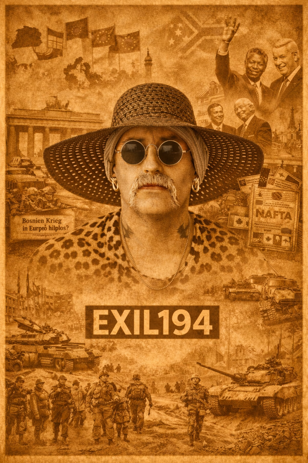 Exil 194 Collage zum Jahr 1994 mit Porträtfigur im Zentrum, Brandenburger Tor, EU-Symbolen, Bosnienkrieg, NATO-Militär, Nelson Mandela und internationalen Ereignissen der Weltpolitik.