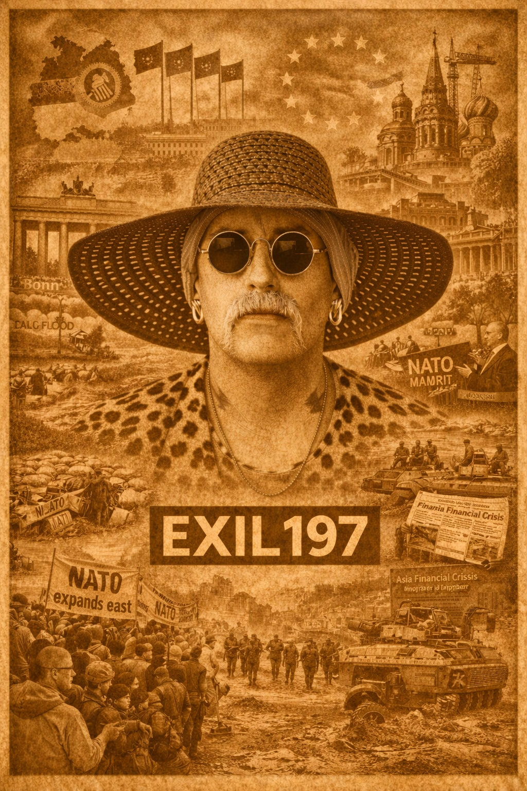 Exil 197 Collage zum Jahr 1997 mit zentralem Porträt, Symbolen für Deutschland, Oderhochwasser 1997, NATO-Gipfel Madrid und europäische Politik der 1990er Jahre