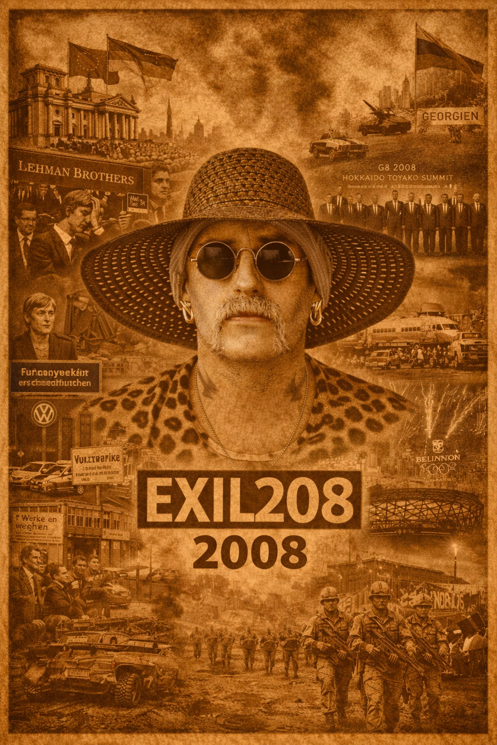 Exil 208 2008 Collage mit zentraler Figur und Szenen zur Finanzkrise in Deutschland, Lehman Brothers, G8 Gipfel und Georgien Konflikt