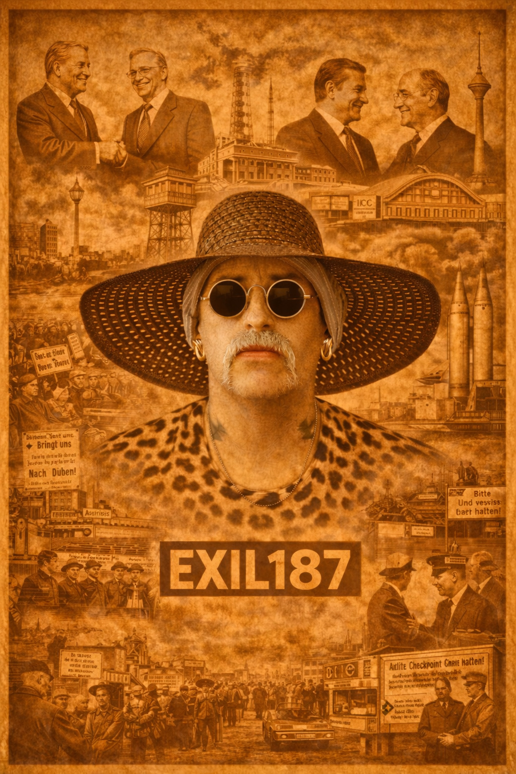 Exil 187 Kunstcollage 1987 mit zentraler Figur und Szenen zu Deutschland Ost und West, Honecker Besuch, INF Vertrag und Kalter Krieg