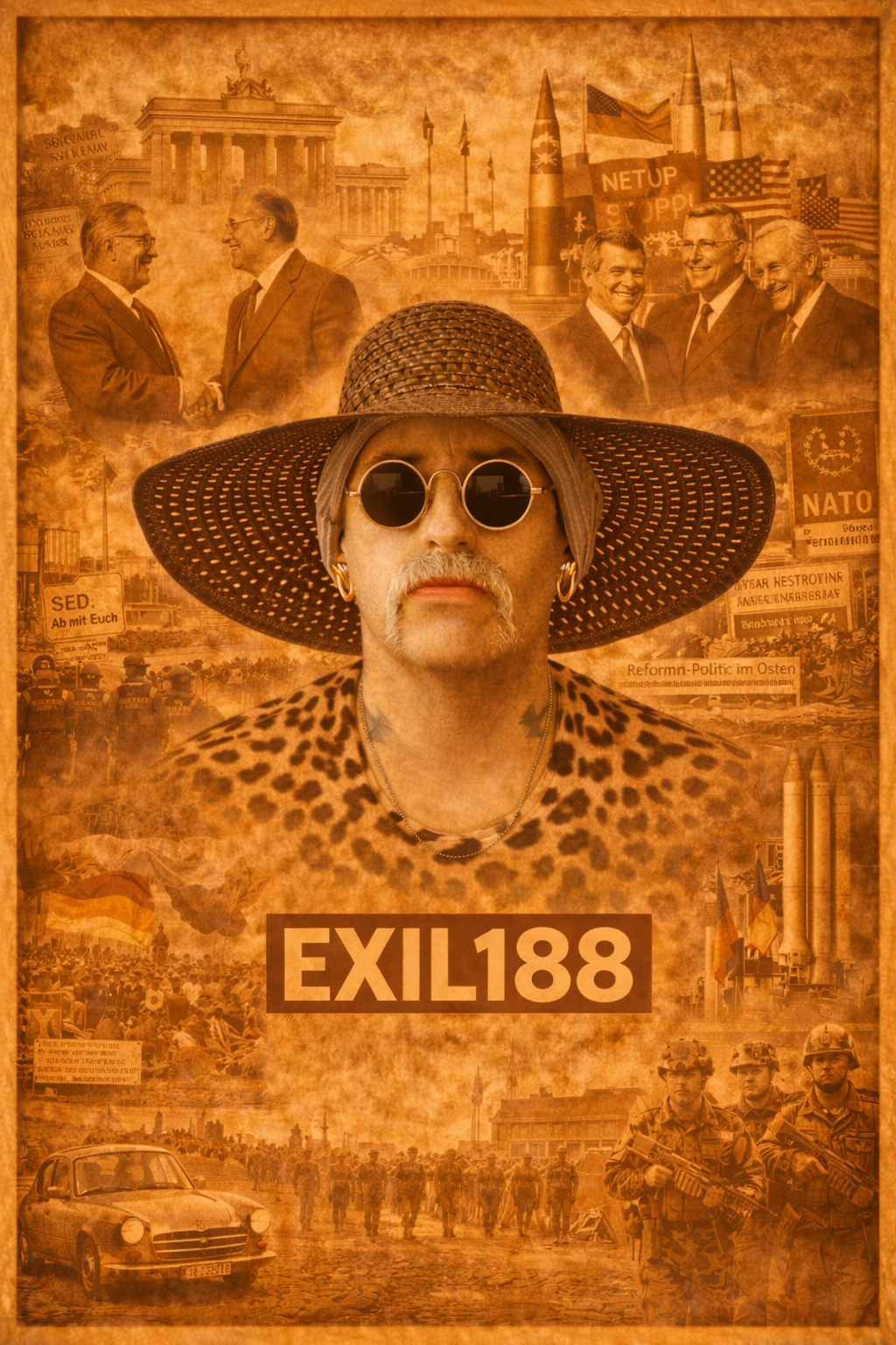 EXIL 188 Kunstcollage 1988 mit zentraler Figur und Motiven zu DDR, BRD, Reformpolitik und Kaltem Krieg