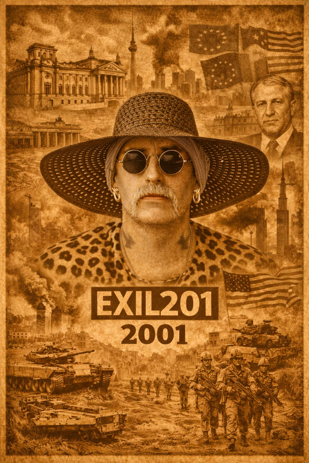 Exil 201 Collage zum Jahr 2001 mit zentraler Figur, Berlin, 9/11 Anschlägen, Militär in Afghanistan und Symbolen internationaler Politik
