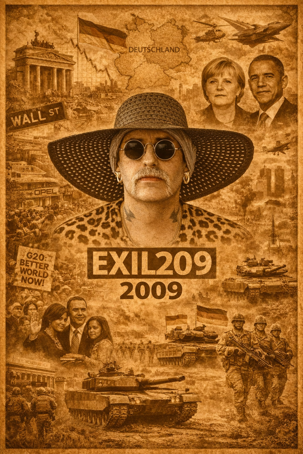 Exil 209 Collage mit zentraler Figur, Finanzkrise 2009, Deutschlandkarte, Merkel und Obama, G20 Proteste und militärische Szenen in sepia Optik