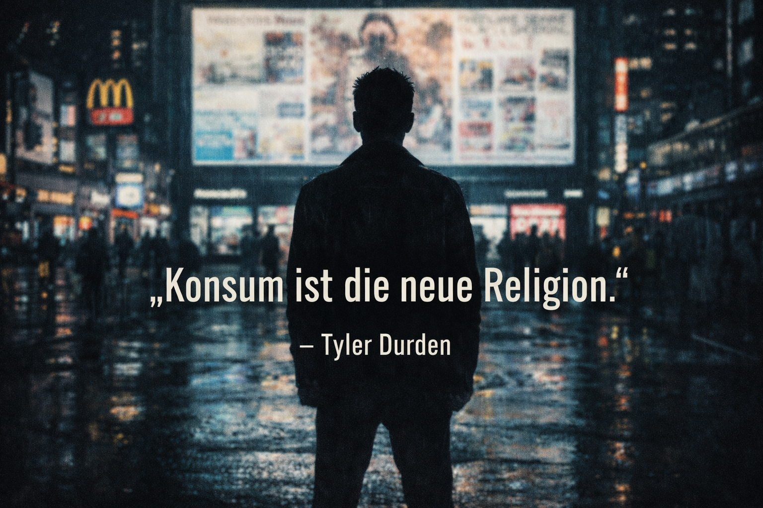 Dunkles Sharepic mit dem Zitat „Konsum ist die neue Religion.“ von Tyler Durden vor grellen Werbetafeln in nächtlicher Großstadtszene.