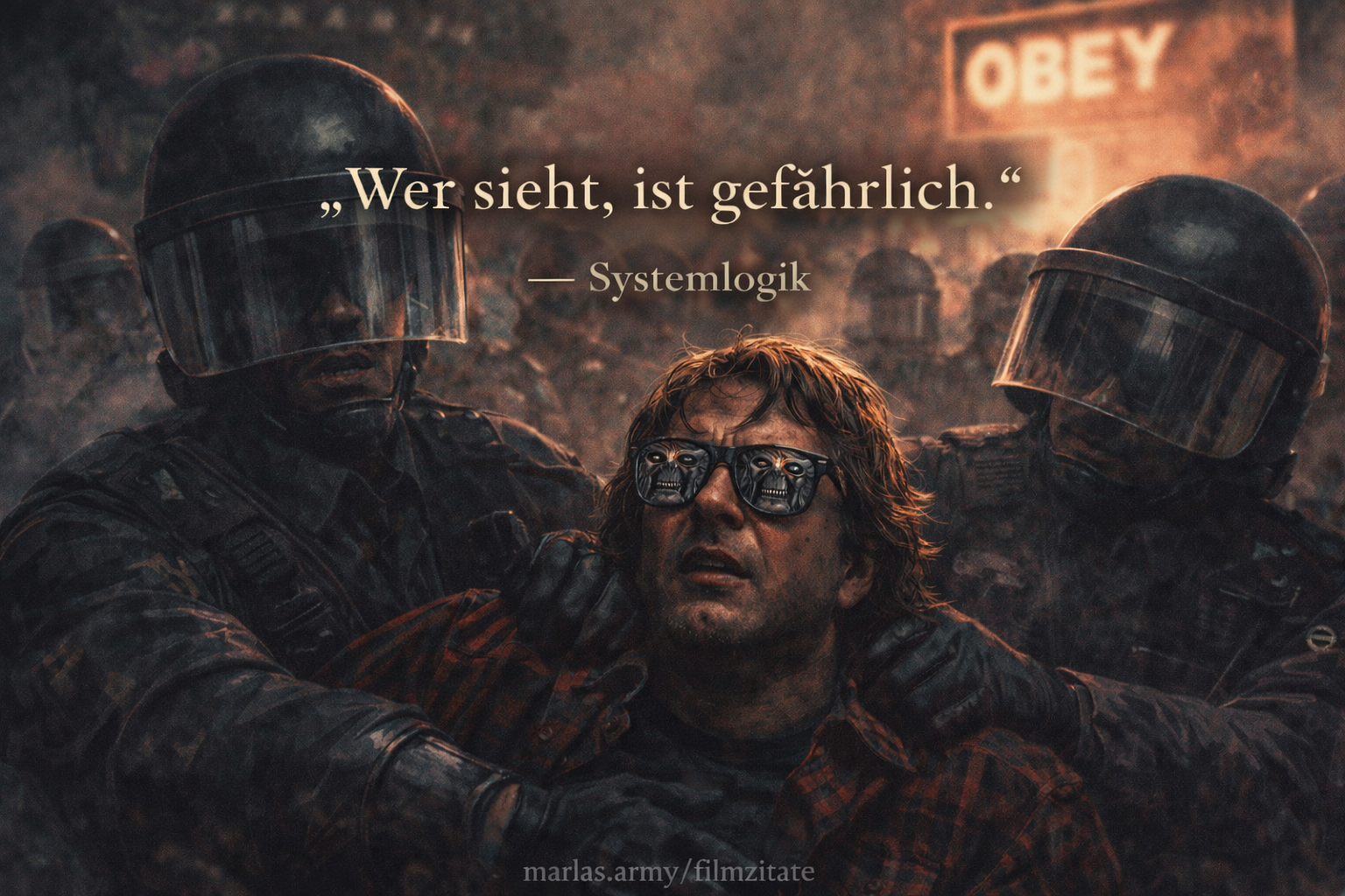 Sie leben Zitat „Wer sieht, ist gefährlich“ vor dystopischer Szene mit Polizei und OBEY-Plakat