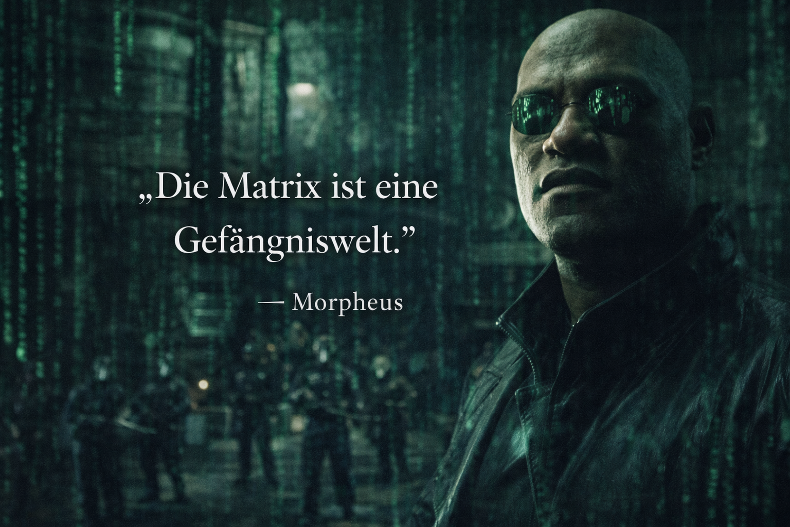 The Matrix Zitat „Die Matrix ist eine Gefängniswelt“ von Morpheus vor grünem Code-Hintergrund
