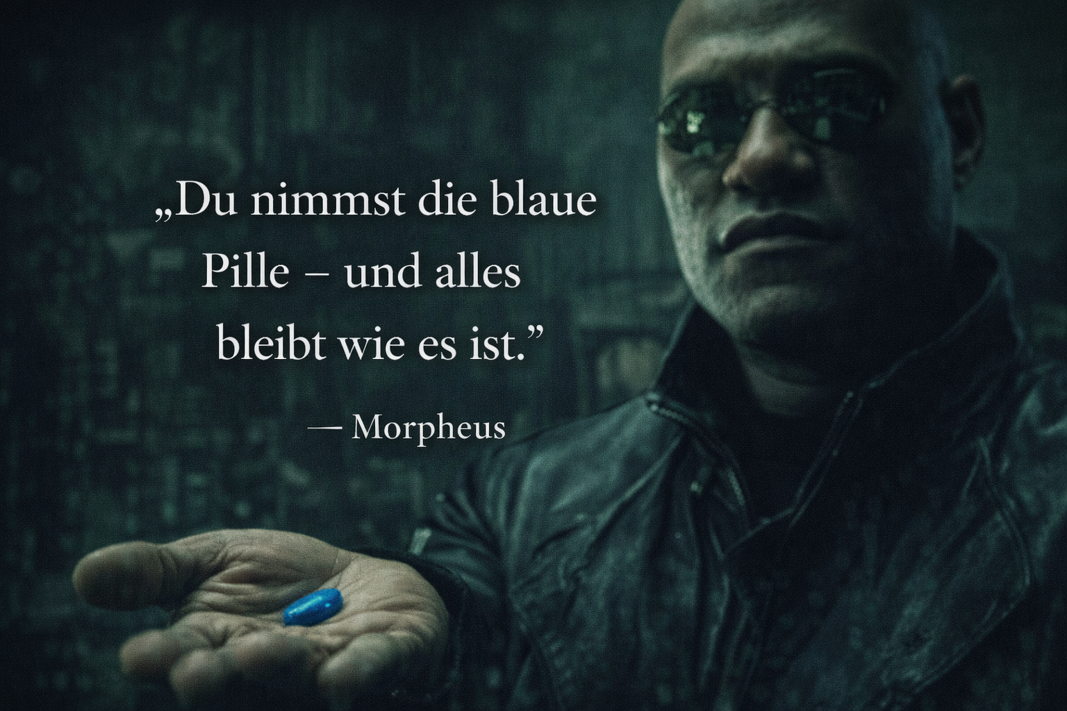 The Matrix Zitat „Du nimmst die blaue Pille – und alles bleibt wie es ist“ von Morpheus mit blauer Pille vor grünem Code-Hintergrund