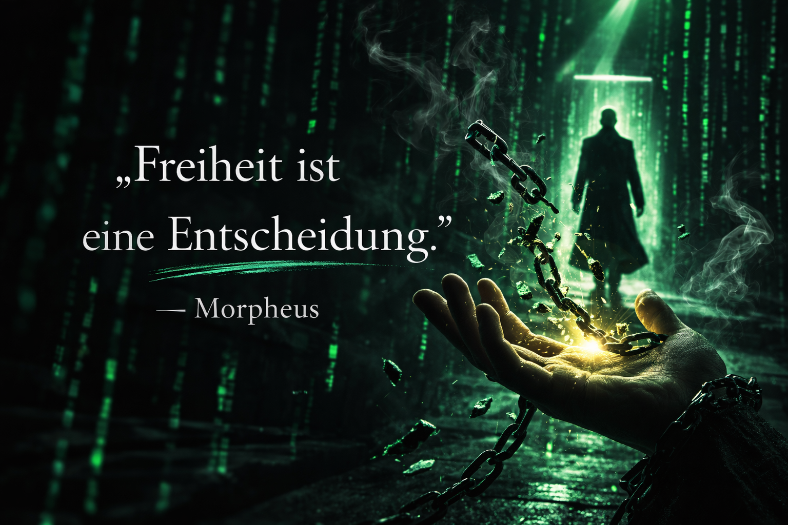 The Matrix Zitat „Freiheit ist eine Entscheidung“ von Morpheus vor grünem Matrix-Code und gesprengter Kette