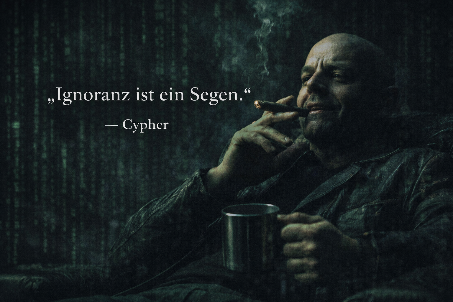 The Matrix Zitat „Ignoranz ist ein Segen“ von Cypher vor grünem Matrix-Code mit Zigarre in dunkler Szene