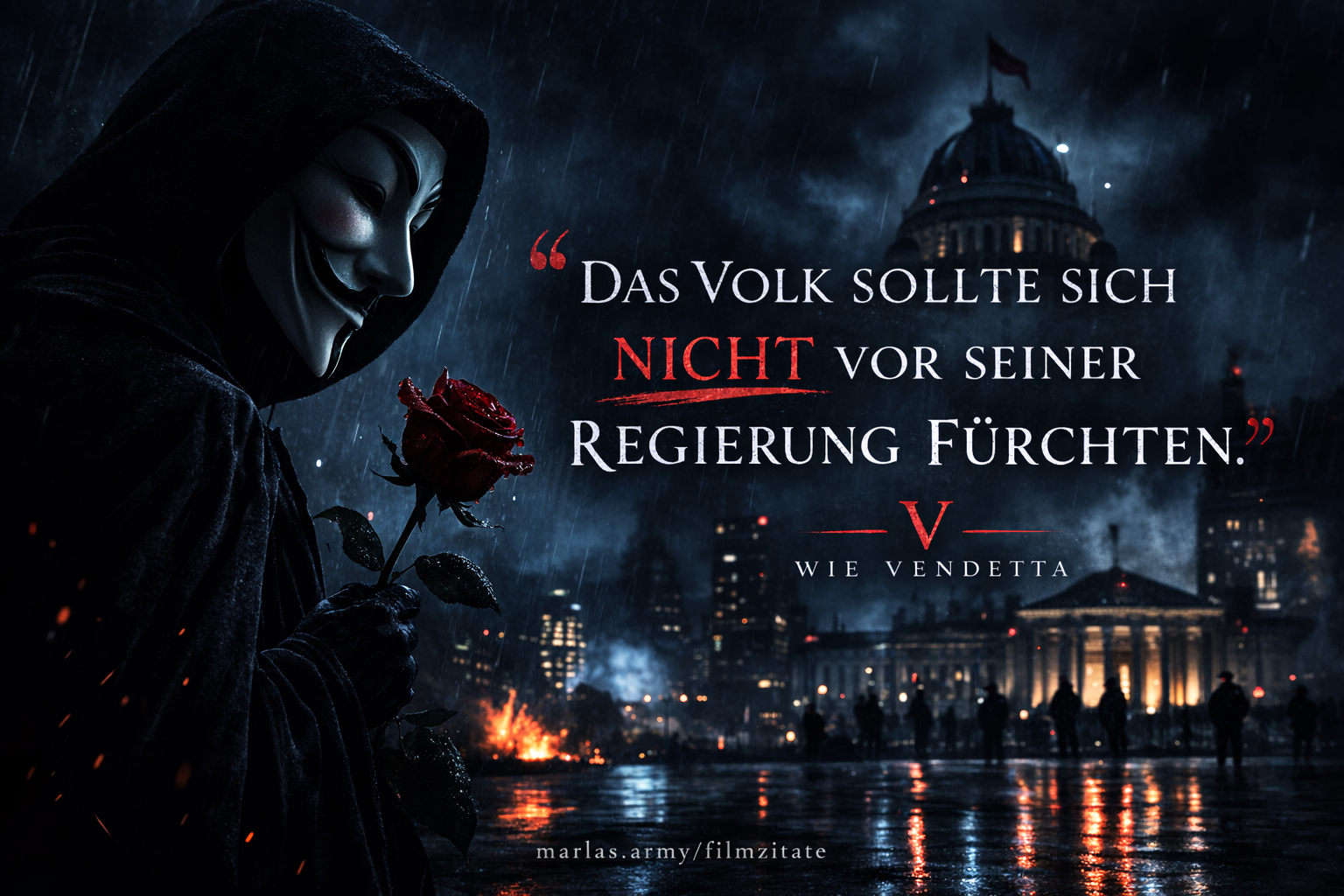 V wie Vendetta Zitat „Das Volk sollte sich nicht vor seiner Regierung fürchten“ vor dunkler Stadtkulisse mit maskierter Figur