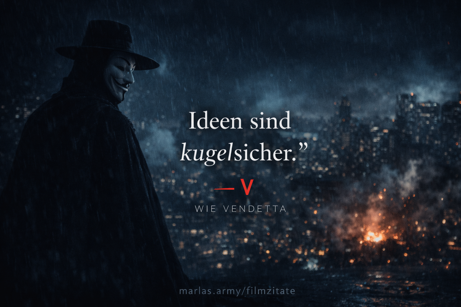 V wie Vendetta Zitat „Ideen sind kugelsicher“ vor düsterer Stadtkulisse mit maskierter Figur im Regen
