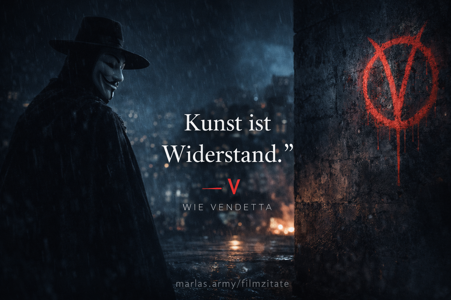 V wie Vendetta Zitat „Kunst ist Widerstand“ vor düsterer Stadtkulisse mit maskierter Figur und rotem Graffiti