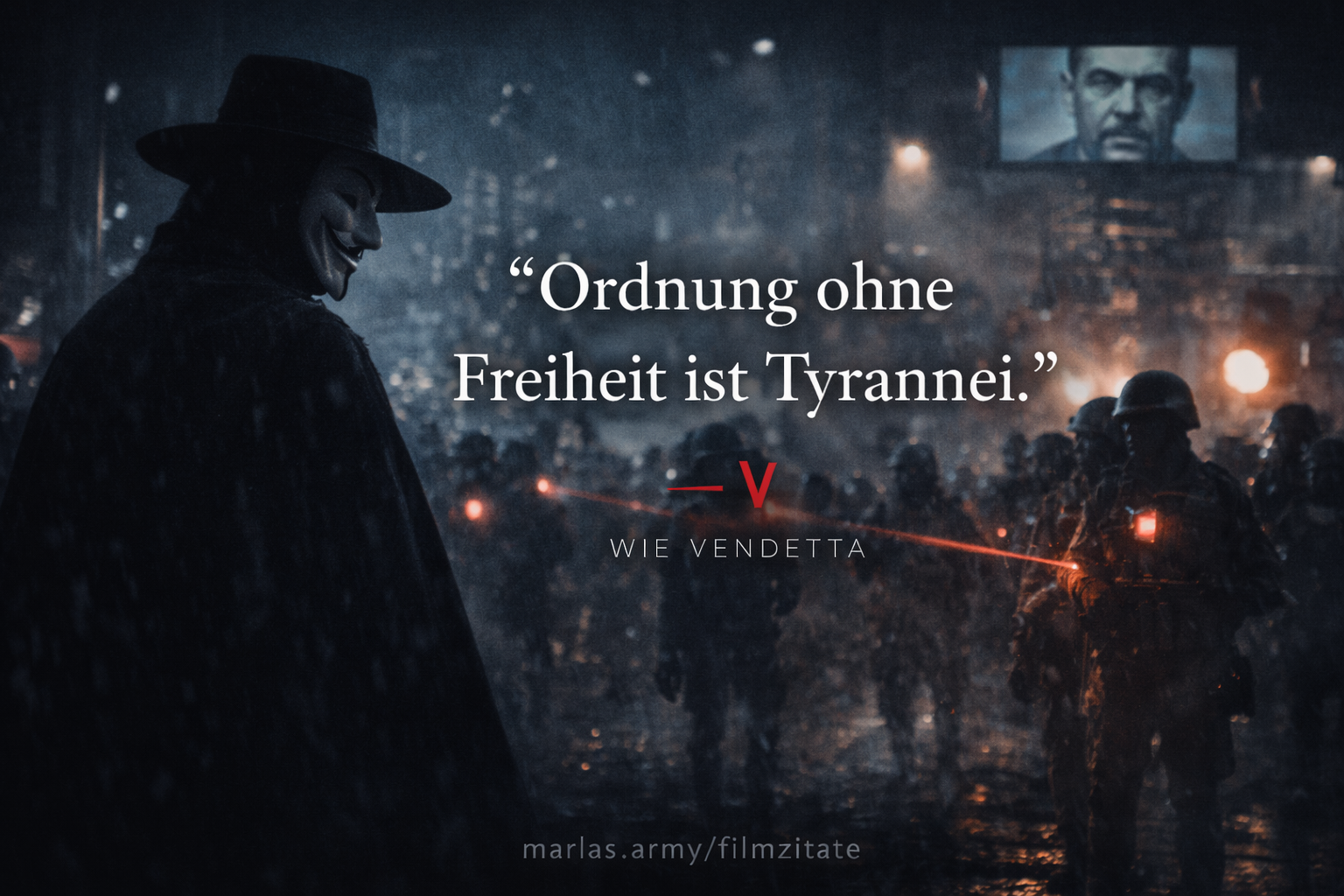 V wie Vendetta Zitat „Ordnung ohne Freiheit ist Tyrannei“ vor düsterer Stadtszene mit maskierter Figur und Sicherheitskräften