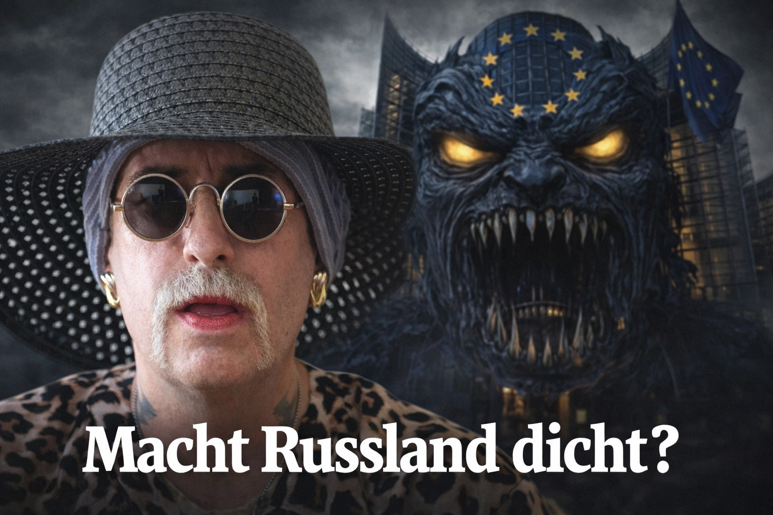 Sprecher mit Hut und Brille vor symbolischer Darstellung Brüssels mit Schlagzeile „Macht Russland dicht?“ zur Energiekrise in Europa