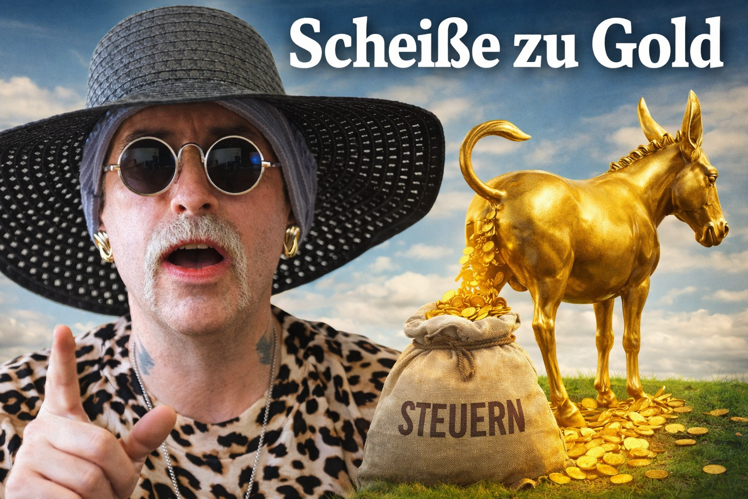 Sprecher mit schwarzem Hut und runder Brille vor einem goldenen Esel, der Goldmünzen in einen Steuersack fallen lässt – symbolisches Bild zur CO2-Debatte um Abwasser und neue Abgaben.
