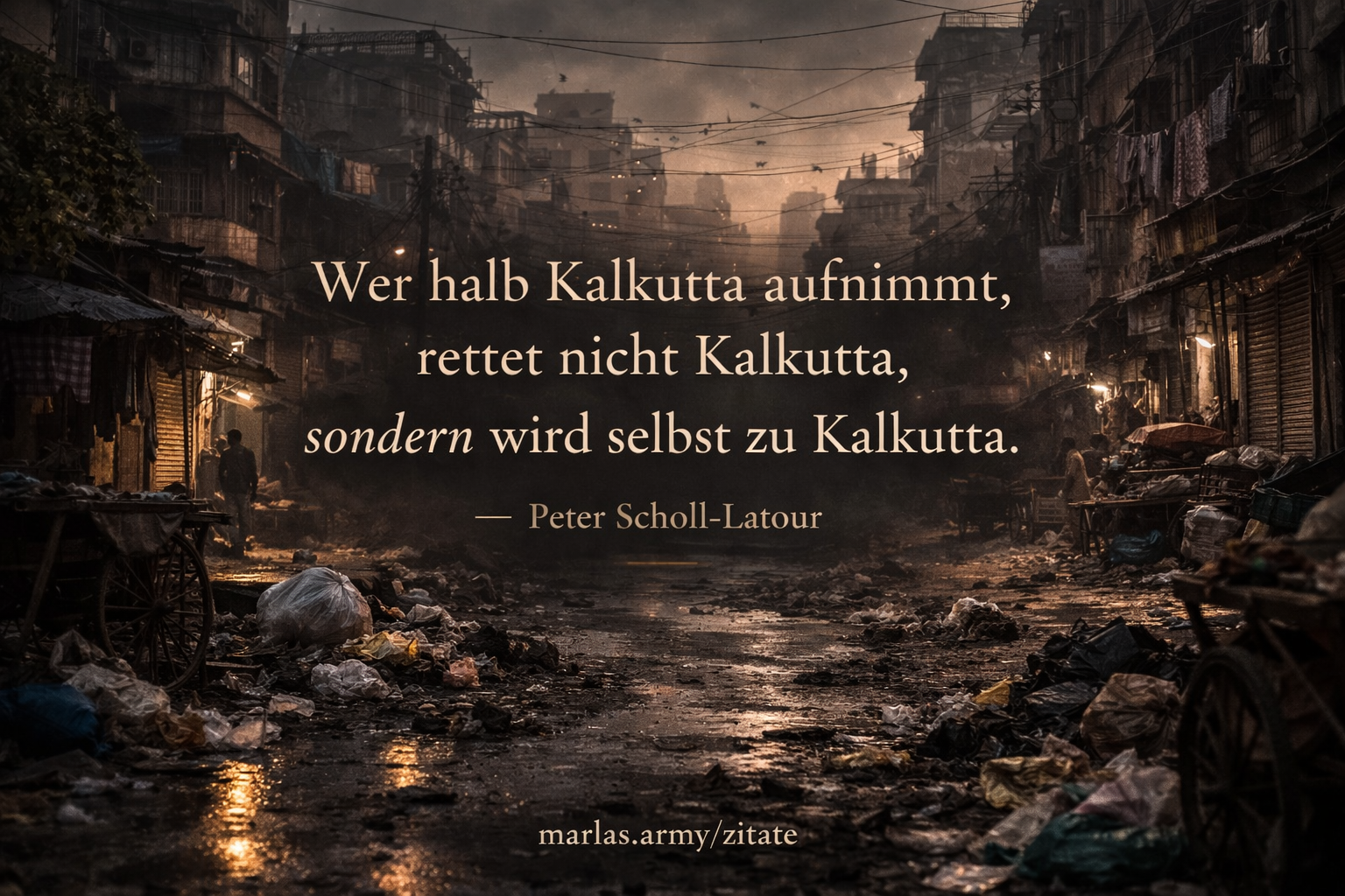 Zitat von Peter Scholl-Latour über Migration und Kalkutta vor urbaner Großstadtkulisse mit vermüllter Straße