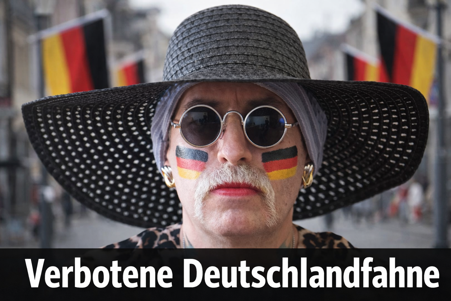 Person mit Schwarz-Rot-Gold Gesichtsschminke vor Deutschlandflaggen mit der Schlagzeile „Verbotene Deutschlandfahne“