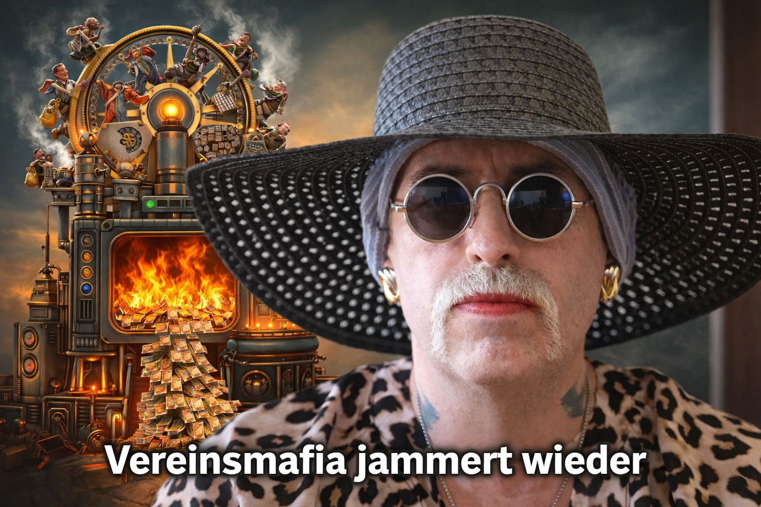 Kommentarbild: Sprecher vor satirischer Maschine, die Steuergeld verbrennt – Kritik an staatlich geförderten Vereinsprojekten.